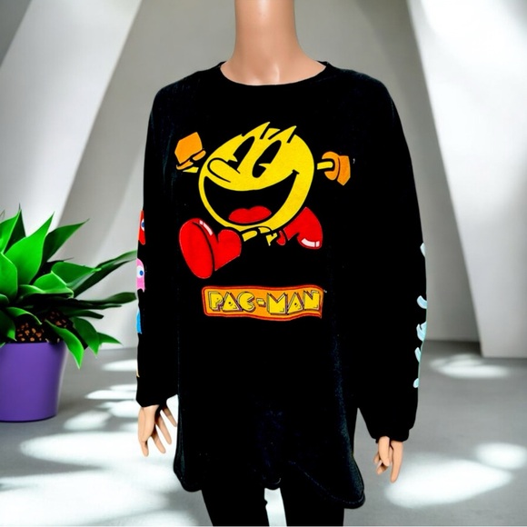 Pac-Man Black Long Sleeve Tee Shirt with Kanji - Picture 10 of 16